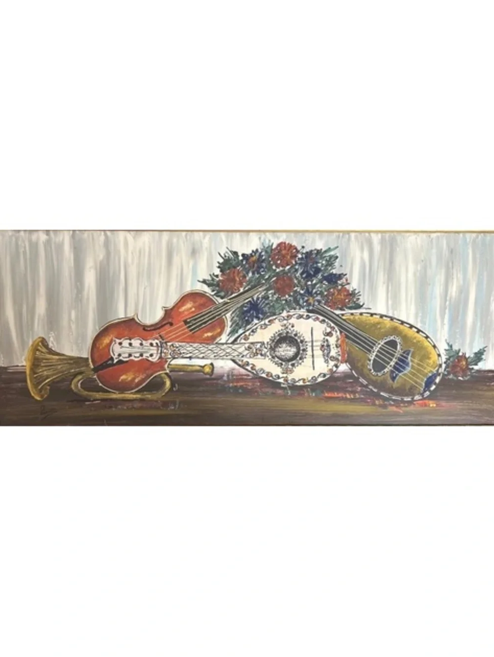 Vintage Still-Life Painting of Musical Instruments Artwork with Wooden Frame